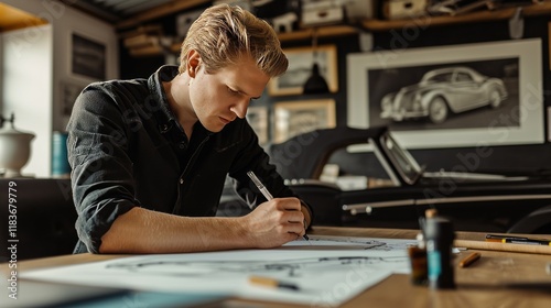 Man designs a car at the office,