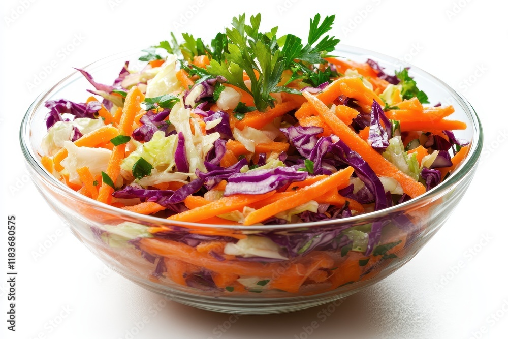 Bowl of cabbage and carrot salad against a plain white background with selective focus Bowl of cabbage and carrot salad against a plain white background with selective focus