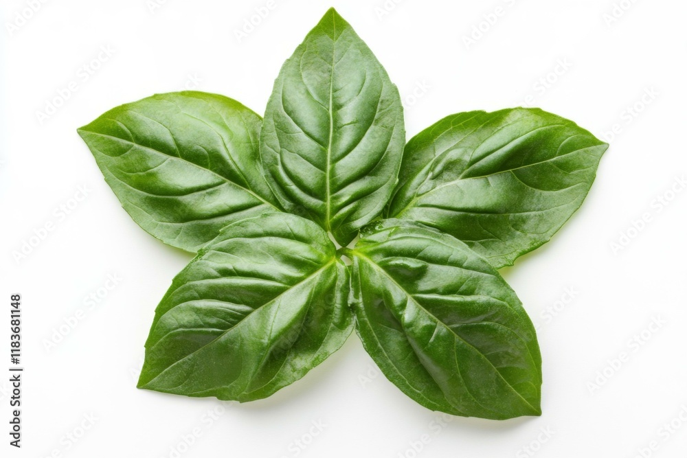 Fototapeta premium Basil leaf isolated. Basil leaves on white. Basil leaves top view. Full depth of field. Perfect not AI basil, true photo.