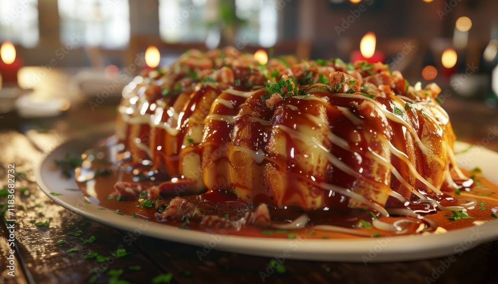 Fototapeta premium Close-up of a savory baked dish topped with bacon and a sweet sauce, with candles in the background.
