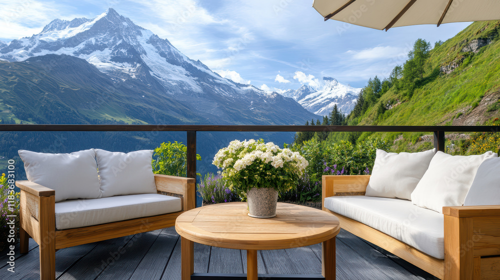 Fototapeta premium serene Swiss cafe terrace with stunning mountain views and cozy seating