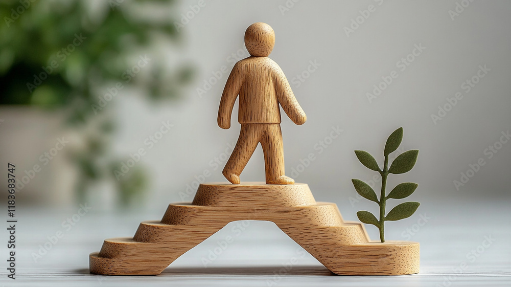 A wooden figure of a man walking up the stairs. The concept of understanding the goal. A wooden figure of a man walking up the stairs. The concept of understanding the goal.