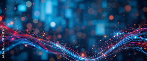 Colorful abstract waves of light flow across a digital background conveying a sense of movement and energy