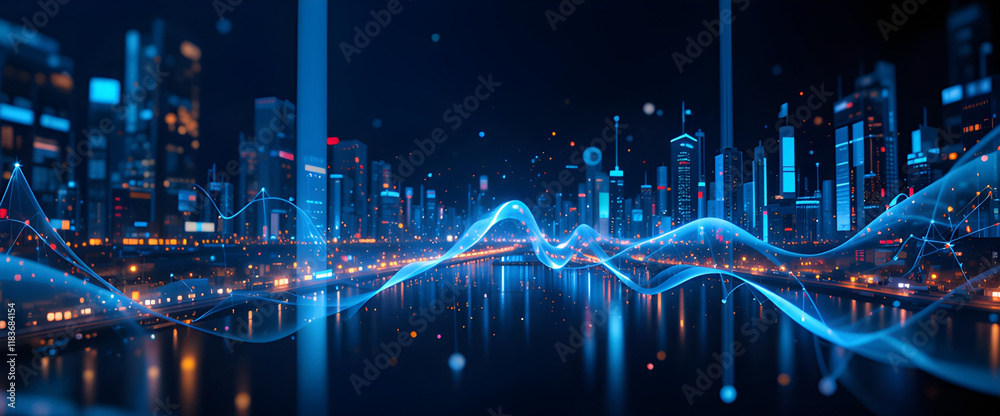 Fototapeta premium Technology background Modern city skyline illuminated at night with digital wave patterns reflecting on the water