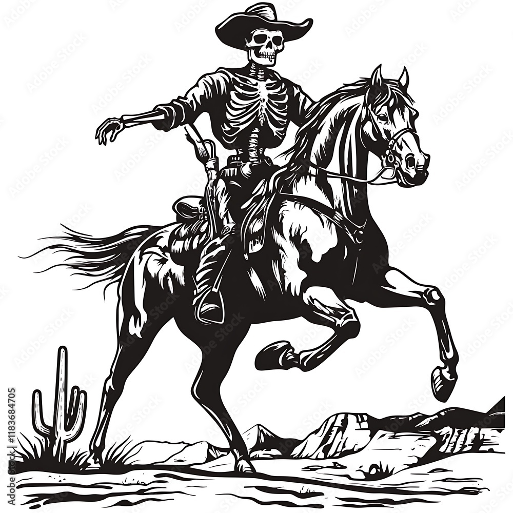 Fototapeta premium Skeleton cowboy riding horse desert
