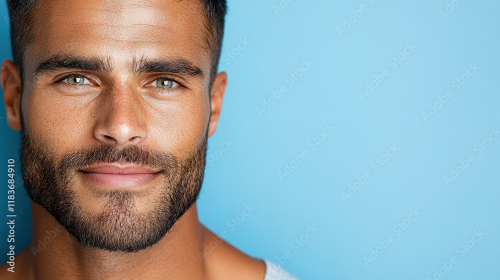 Fototapeta premium Confident man with strong jawline and blue background, showcasing charm