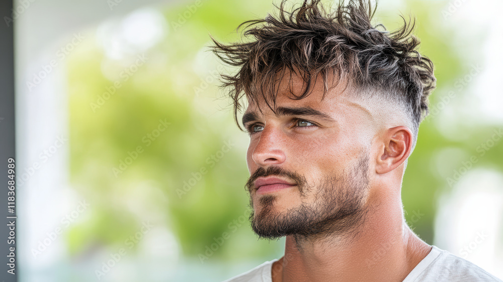 Obraz premium Stylish man with trendy haircut and beard, looking thoughtful outdoors