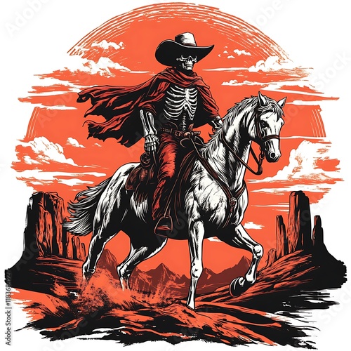 Skeletal cowboy riding horse desert sunset