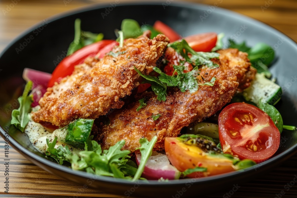 Caesar salad chicken and veggies on a wooden table Caesar salad chicken and veggies on a wooden table