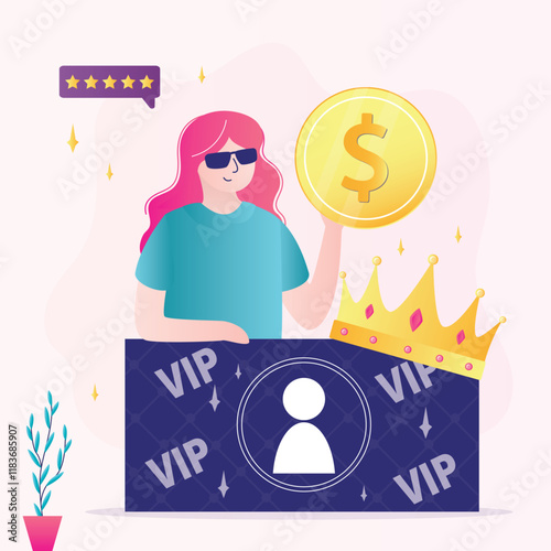 Woman holds vip card for access to private club of interest or party of people with premium status. Happy girl with golden crown, vip card, coupon giving right to privileges.