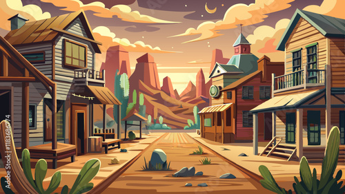 An old ghost town from the wild west era, featuring weathered wooden buildings and dusty dirt streets.