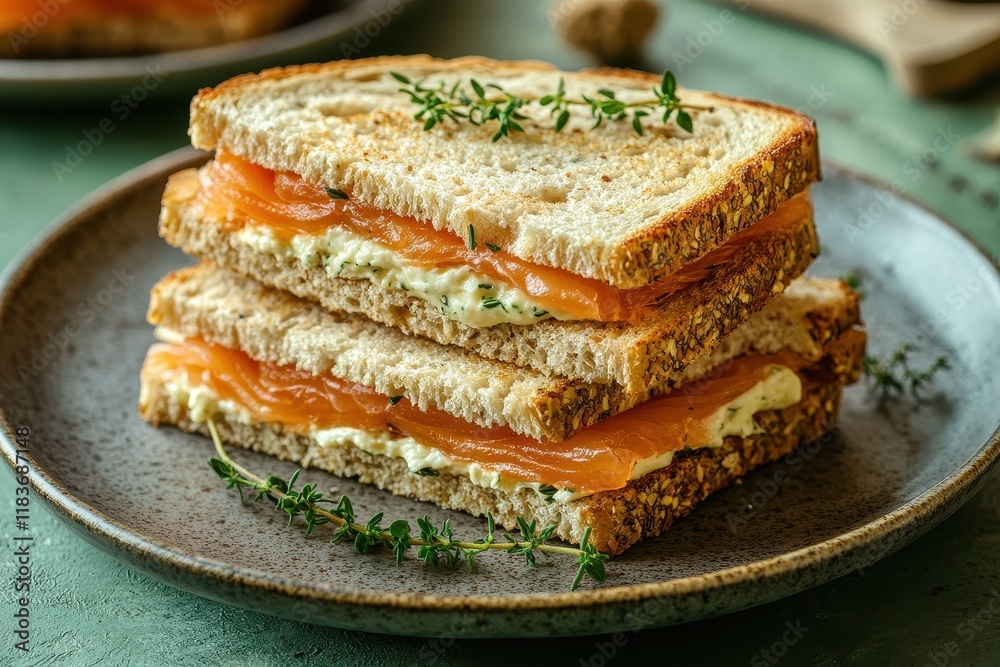 Ceramic plate with thyme and rosemary cream cheese mousse and smoked salmon sandwiches set against a green concrete backdrop Focused view Ceramic plate with thyme and rosemary cream cheese mousse and smoked salmon sandwiches set against a green concrete backdrop Focused view