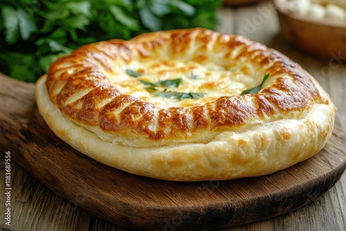 Cheese filled pie on wood Khachapuri photo