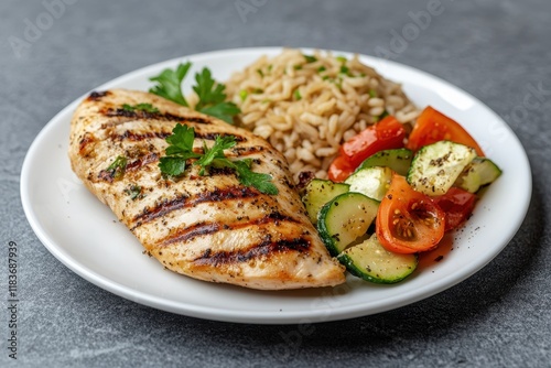 Chicken breast and vegetables on brown rice in a white dish against a gray backdrop Healthy meal idea