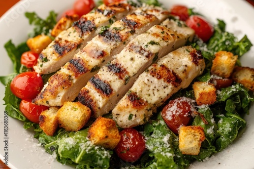 Chicken Caesar salad with cherry tomatoes croutons and Italian cuisine detailed view photo