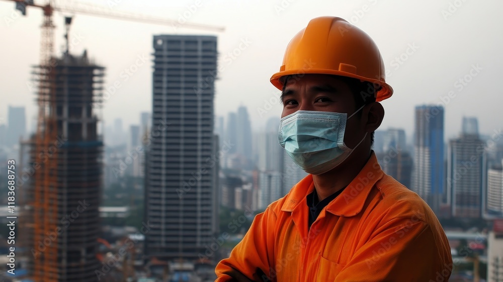 A construction worker in an orange uniform and helmet poses against a city skyline. A construction worker in an orange uniform and helmet poses against a city skyline.