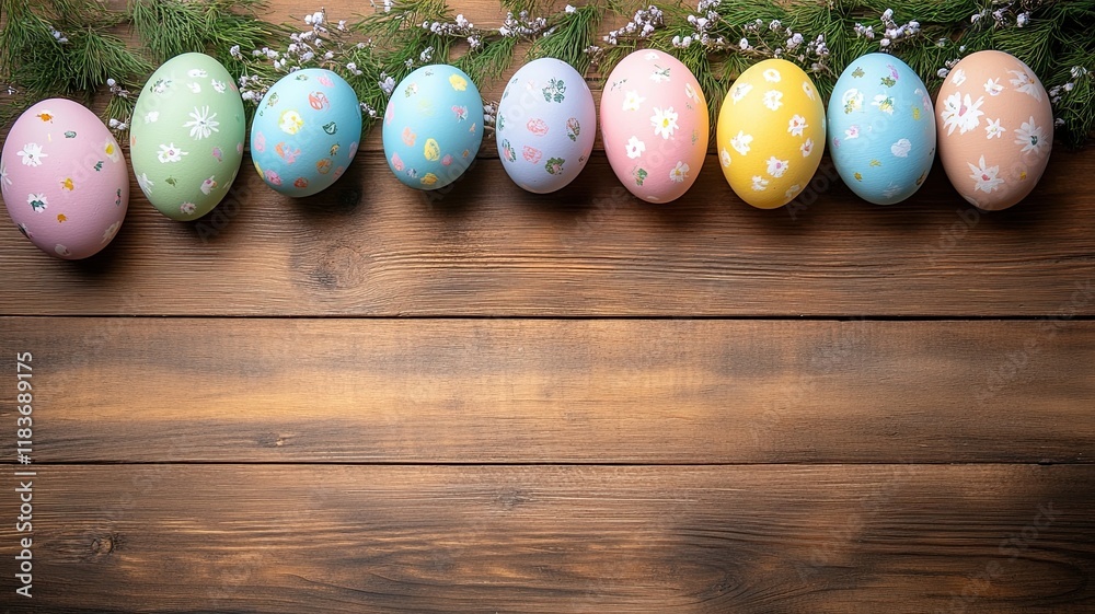 Decorative Easter Eggs with Flowers on Wooden Background, Colorful hand-painted Easter eggs placed among spring flowers and greenery, arranged against a rustic wooden backdrop, perfect for festive
Decorative Easter Eggs with Flowers on Wooden Background, Colorful hand-painted Easter eggs placed among spring flowers and greenery, arranged against a rustic wooden backdrop, perfect for festive