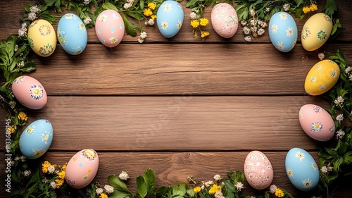 Decorative Easter Eggs with Flowers on Wooden Background, Colorful hand-painted Easter eggs placed among spring flowers and greenery, arranged against a rustic wooden backdrop, perfect for festive
 photo