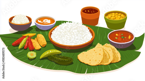 A festive Onam Sadya meal presented on a fresh banana leaf, featuring a variety of colorful and delicious South Indian vegetarian dishes
