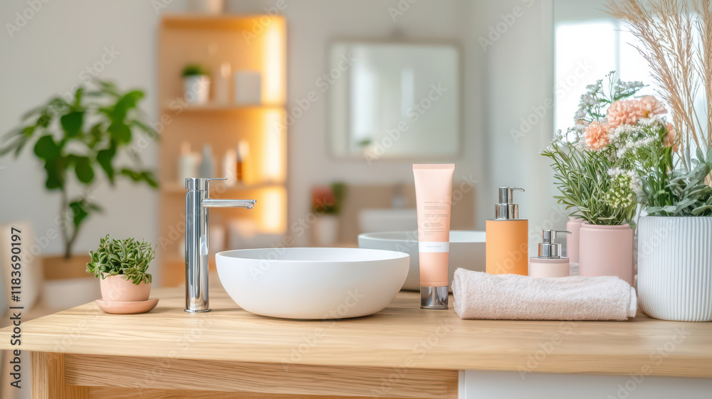 Fototapeta premium Minimalist bathroom setup with clean visuals and natural elements