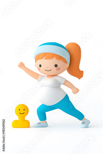 3d happy cartoon pregnant woman in in sportswear, isolated on plain white background