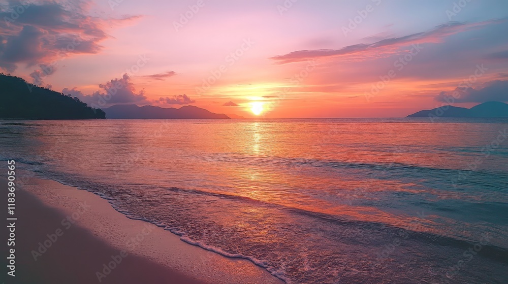 A stunning sunset over a tranquil beach with vibrant colors reflecting on the water. Ideal for travel and relaxation themes. A stunning sunset over a tranquil beach with vibrant colors reflecting on the water. Ideal for travel and relaxation themes.