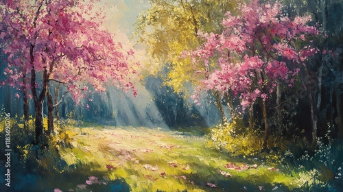 Sunlit Spring Forest: Pink Blossoms and Serene Nature photo