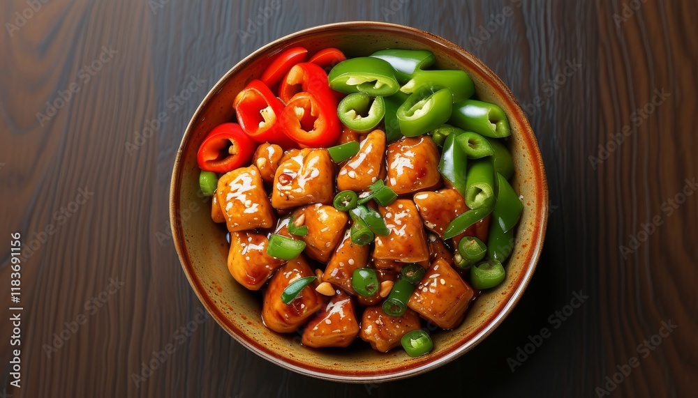 Delicious Kung Pao Chicken in a Bowl with Colorful Peppers and Green Onions Delicious Kung Pao Chicken in a Bowl with Colorful Peppers and Green Onions