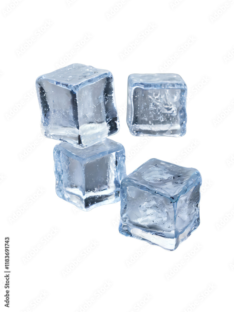 Four transparent ice cubes are arranged casually on a clean, white surface generative ai Four transparent ice cubes are arranged casually on a clean, white surface generative ai