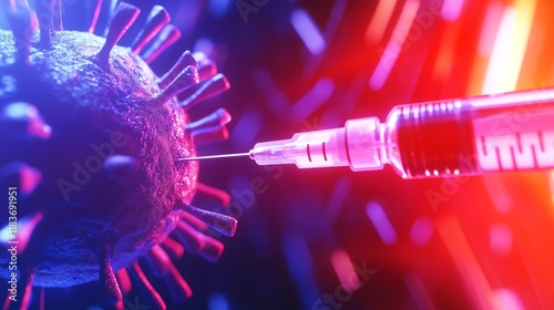 A syringe injecting a virus, illustrating vaccine development and immunization processes.