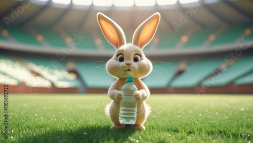 A cartoon rabbit holding a water bottle stands on a grassy field in a stadium photo