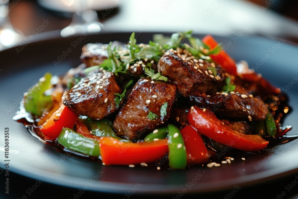 Close up of appetizing teriyaki meat with bell peppers and sesame seeds on a plate Close up of appetizing teriyaki meat with bell peppers and sesame seeds on a plate
