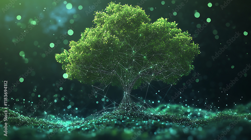 Fototapeta premium An illustration of tree growth in a digital futuristic polygonal style, an energy source or artificial intelligence source, modern illustration