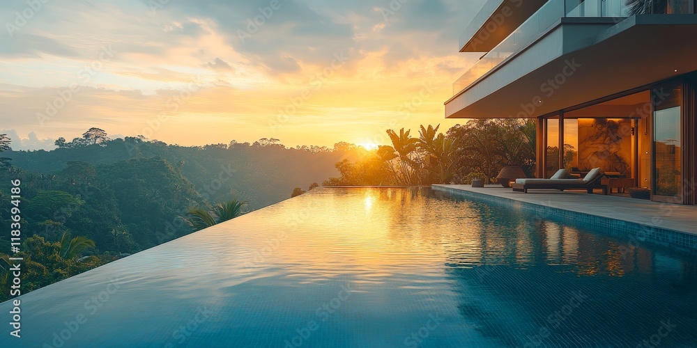 Fototapeta premium A tropical infinity pool on a villa terrace, bathed in golden sunrise light, offering breathtaking panoramic views, ideal for luxury travel and real estate promotion.