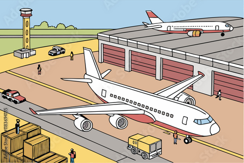 A cargo airplane parked on a busy runway at an international airport vector illustration