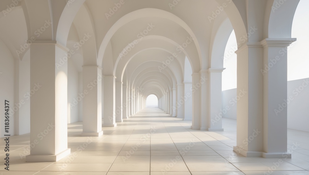 A long white corridor with arches and tiled floor A long white corridor with arches and tiled floor