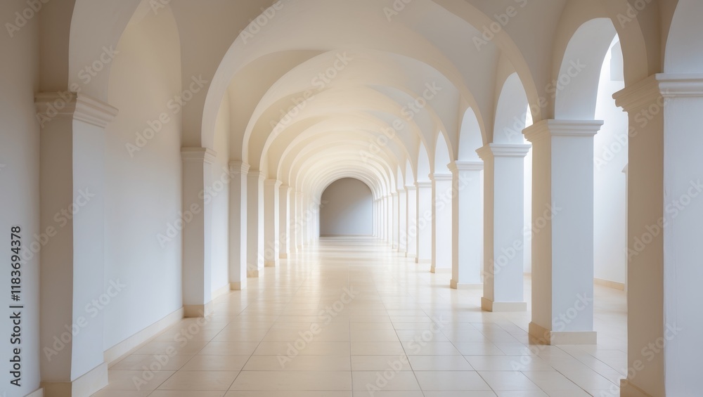 A long white corridor with arches and tiled floor A long white corridor with arches and tiled floor
