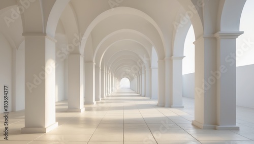 A long white corridor with arches and tiled floor photo