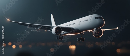 Airplane Landing at Night, Passenger Jet Descending Over City Lights