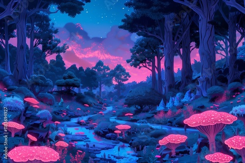 A vibrant forest scene at twilight, showcasing glowing mushrooms and a serene river under a starry sky. photo