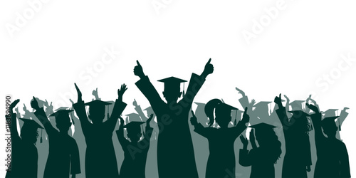 Happy crowd of graduates children in square academic caps. Cheerful people silhouette. Graduation ceremony. Vector  illustration.