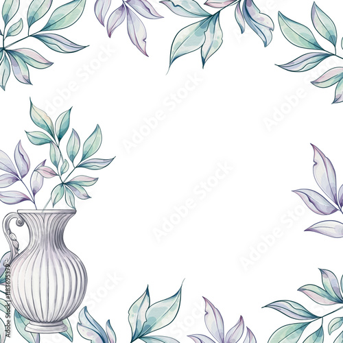 Intertwined watercolor leaves gracefully encircle a beautifully designed vase, showcasing a harmony of soft colors and intricate details template, background, frame