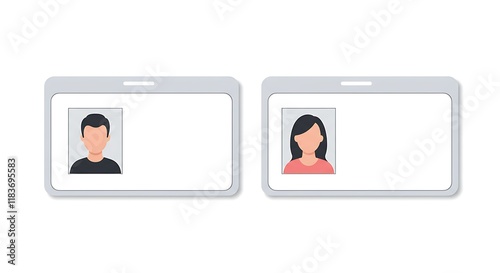 Plastic cards with male and female photo isolated on white background. ID cards or car driver licenses