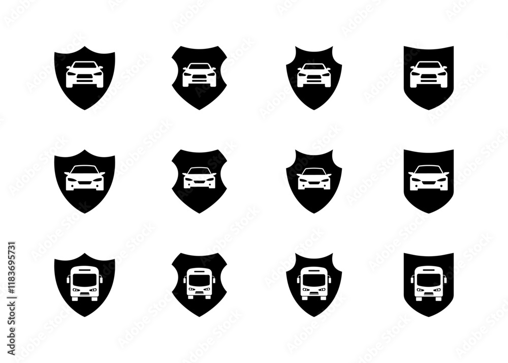 Car, bus protected set icons. Shield icons. Silhouette style. Vector icons. Car, bus protected set icons. Shield icons. Silhouette style. Vector icons.