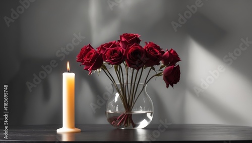 A vase with red roses on a table beside a lit candle and an unclear backdrop photo