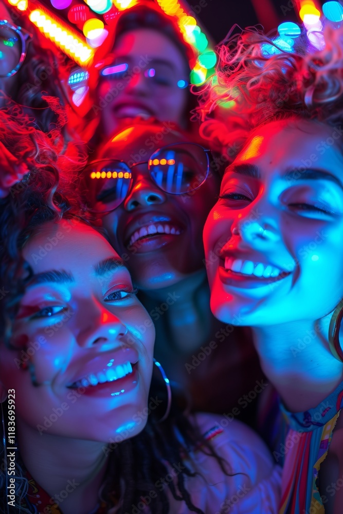 Obraz premium A vibrant group of friends enjoying a fun night out, illuminated by colorful neon lights and filled with joy.