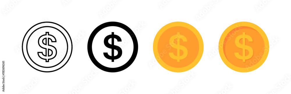 Dollar icons. Gold coin icons. Linear, silhouette and flat style. Vector icons. Dollar icons. Gold coin icons. Linear, silhouette and flat style. Vector icons.