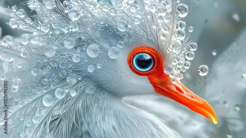 Close-up of a white bird with orange beak and bright blue eyes, covered in water droplets.