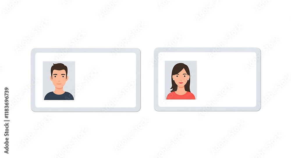 Plastic cards with male and female photo isolated on white background. ID cards or car driver licenses Plastic cards with male and female photo isolated on white background. ID cards or car driver licenses