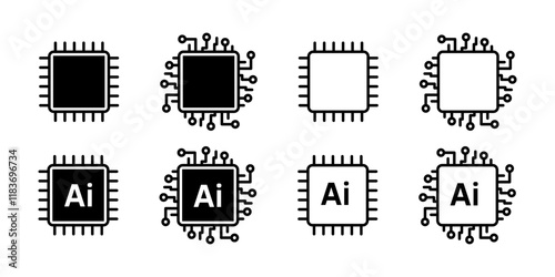Chip set icons. Ai sign icons. Linear and silhouette style. Vector icons.